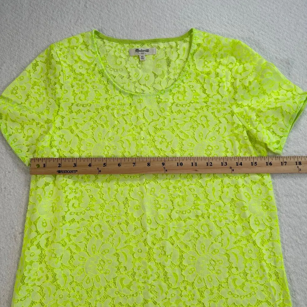 Madewell Neon Green Lace Tunic Top Womens X-Small Short Sleeve Scallop Hem Sheer - Image 6