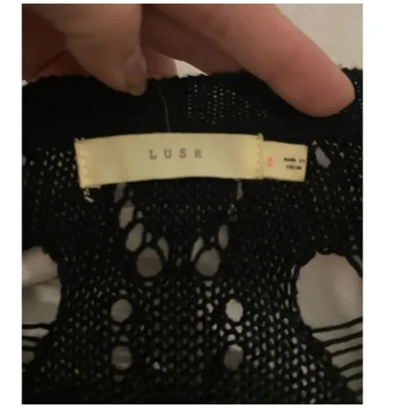 Boho Gothic Punk Open Knit Crochet Long Sleeve Cold Shoulder Top Lush Black S - Image 4