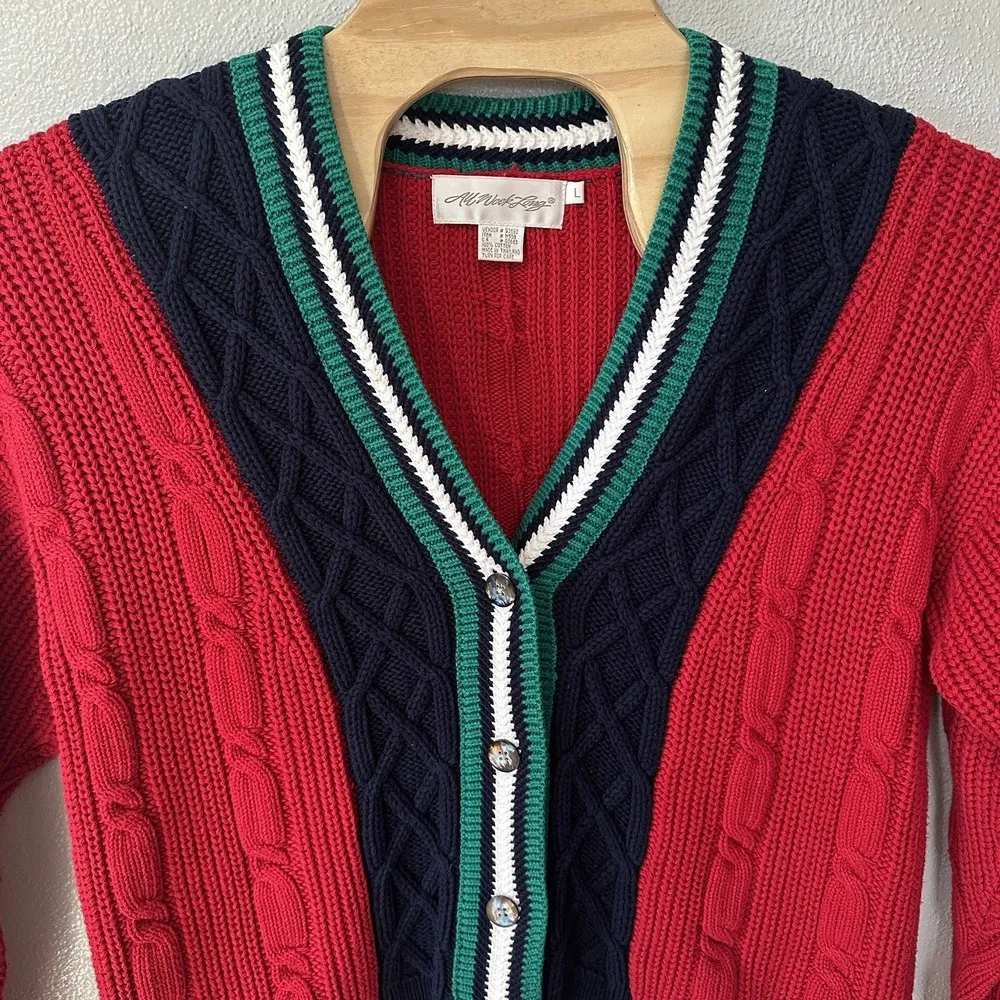 Vintage Tennis Preppy Cableknit Cardigan Sweater Red Blue Green White Size Large - Image 3