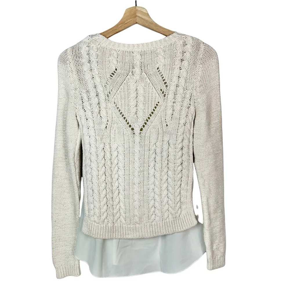 Anthropologie Moth Ella Ivory Layered Crew Neck Cable Knit Pullover Sweater XS - Image 3