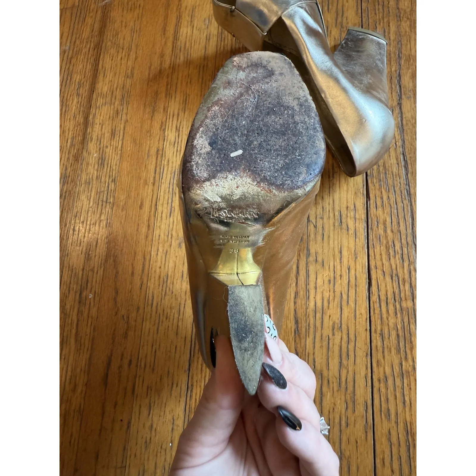 Yves Saint Laurent Shoes Womens Size 38 Gold Peep Toe Platform High Heels Italy - Image 8