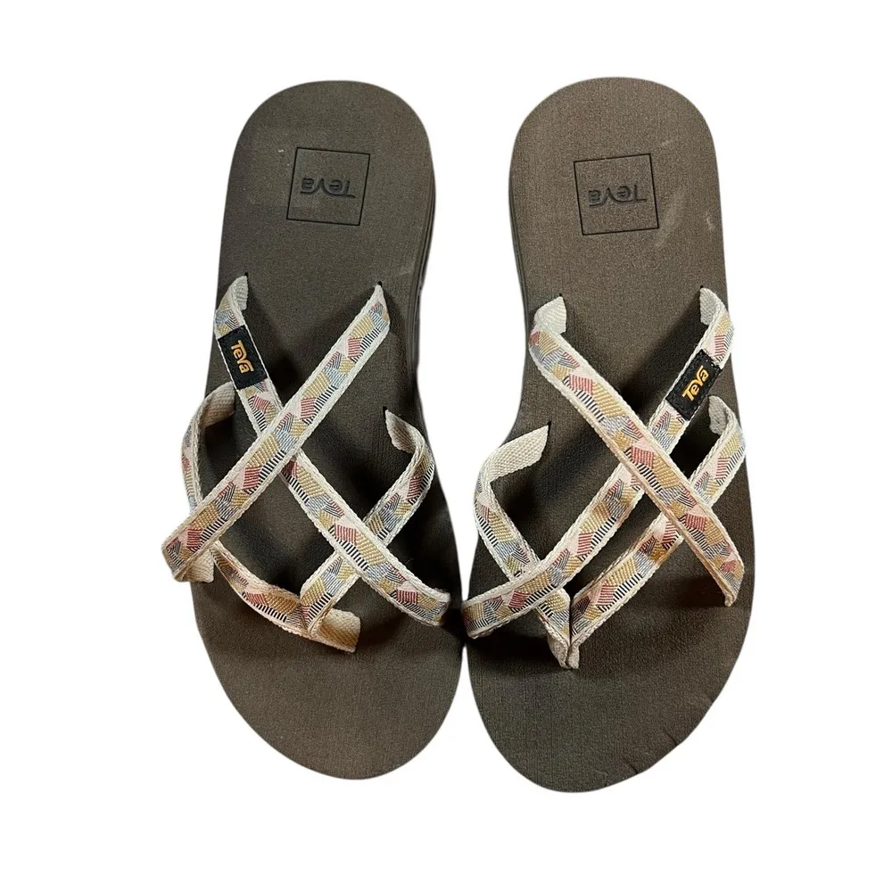  Sandals Teva Olowahu Brown Toe Loop MultiStrap Patterned Slides US 7 - Image 3