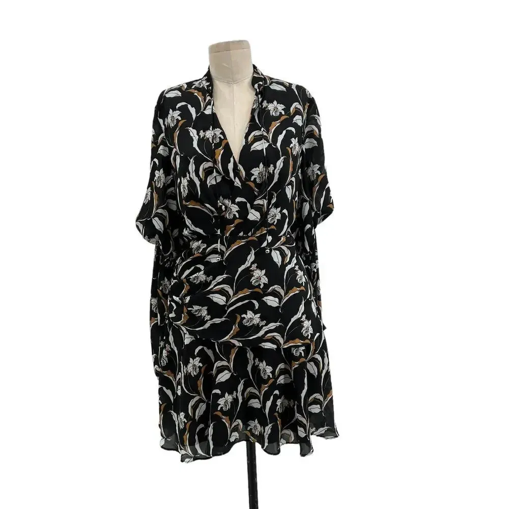 Acler Zammit Mini Dress‎ Long Sleeve Floral Printed Draped Navy Blue Size US 6 - Image 3