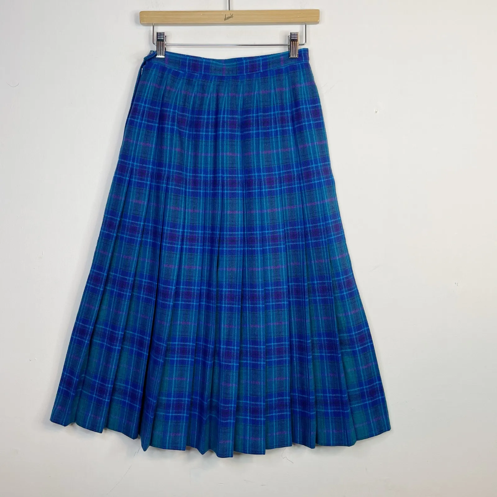 Vintage Pendleton 80s Wool Plaid Pleated A line Midi Skirt Blue Purple womens 8 - Image 4