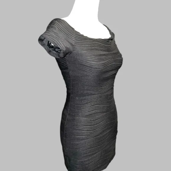 Brat Star On/ off Shoulder Black Textured Dress - Image 2