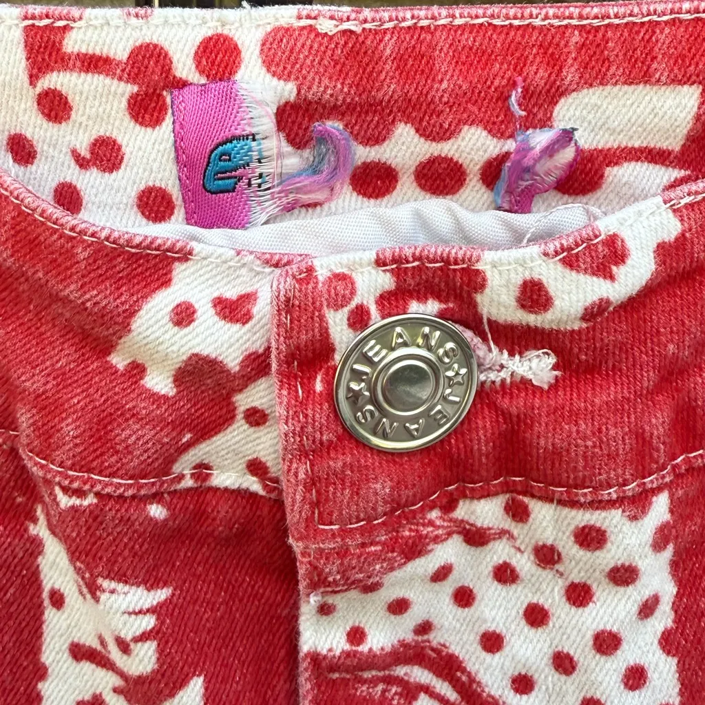 Edikted Andy Print Red White Face Novelty Print Flare Bell Bottom Jeans Size XS - Image 8