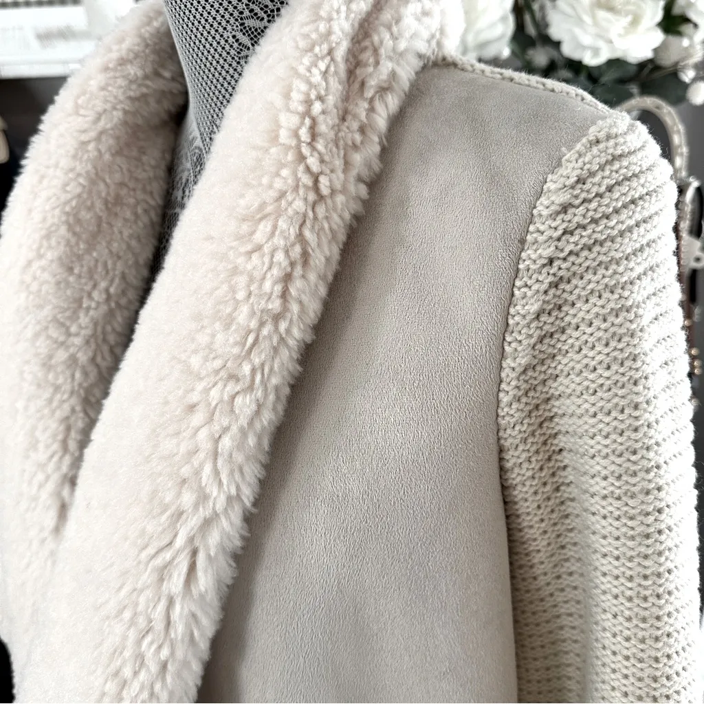 Chelsea & Theodore Oyster Faux Suede Sherpa Open Front Cardigan Sweater M Tan Size M - Image 5