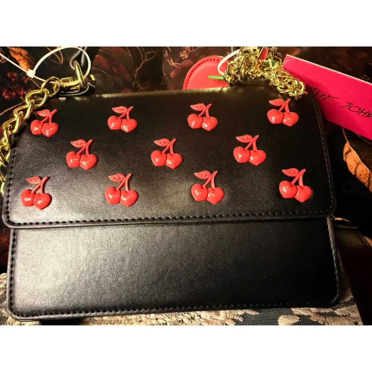 Betsey Johnson Cherry Crossbody Bag Black Red Heart Charm NWT - Image 7