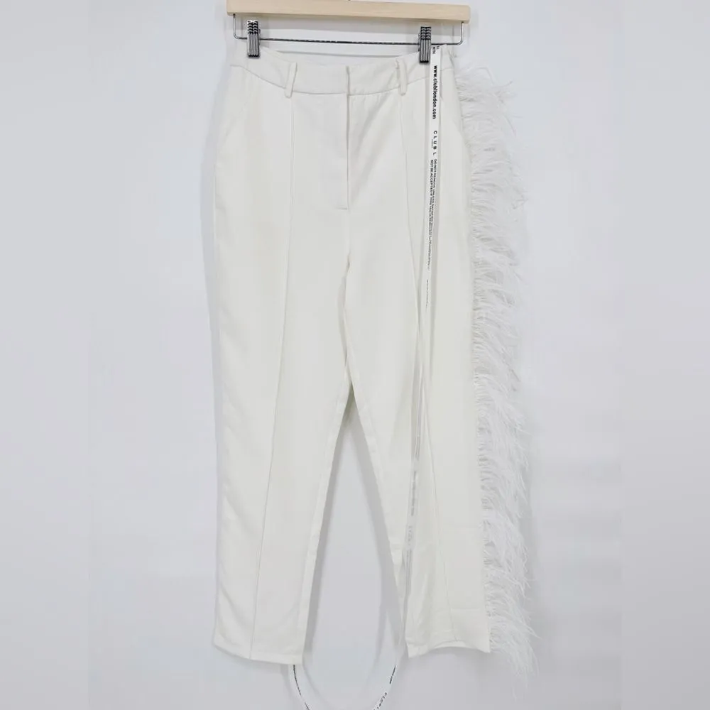 Club L London Count Me In White Tailored‎ Feather Trim Trousers Sz 2 NWT - Image 5