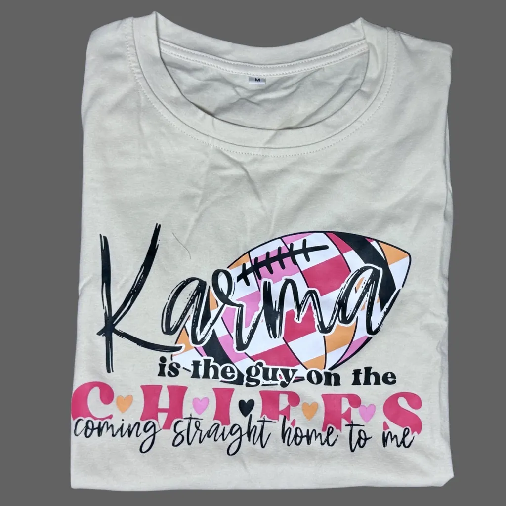 NWT “Karma Is The Guy On The Chiefs” Apricot Med Tshirt‎ Pink - Image 2