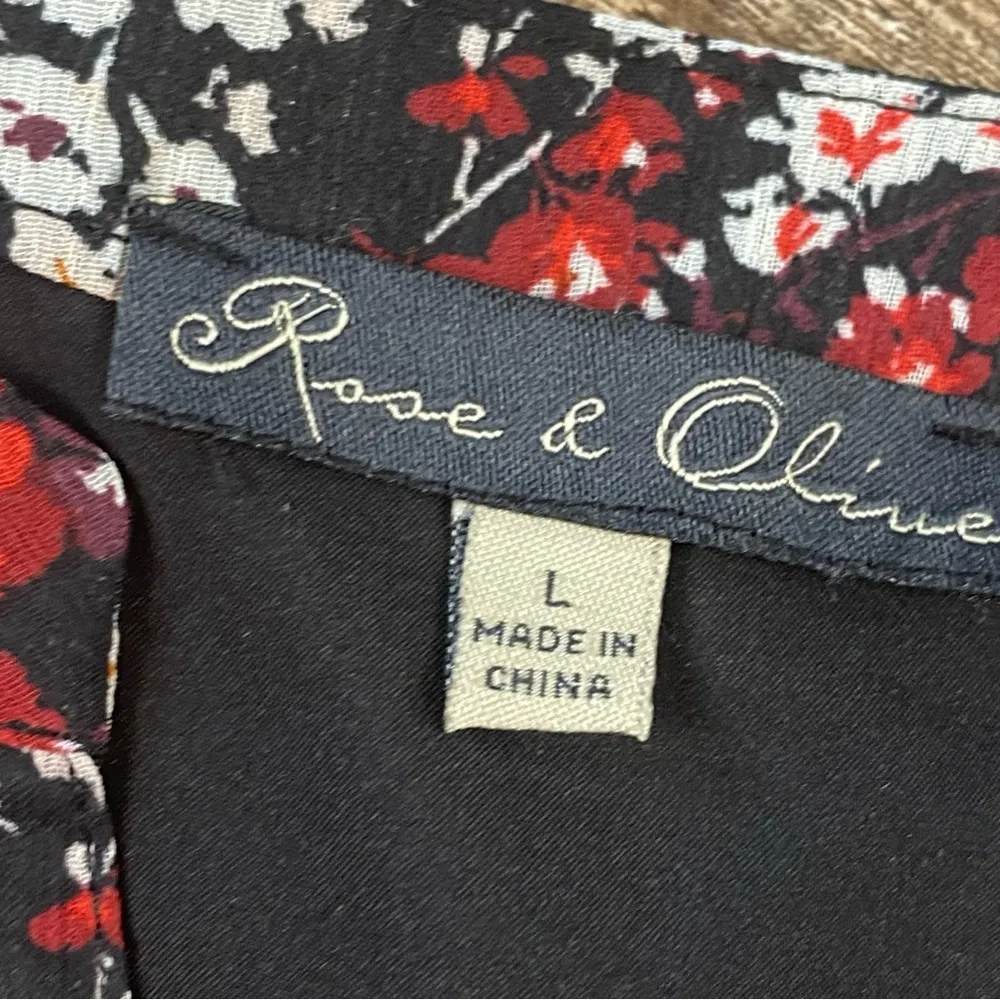 Rose & Olive Dress L Black Red Midi Floral V Neck Ruffle Hem Lined Cottagecore - Image 2