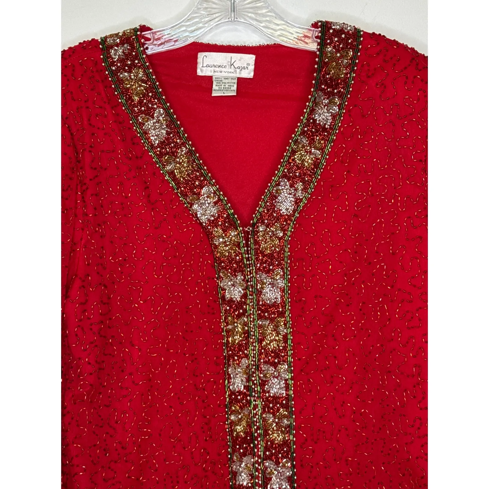 Vintage Laurence Kazer Silk beaded red formal cardigan Jacket Coat hoilday large - Image 2