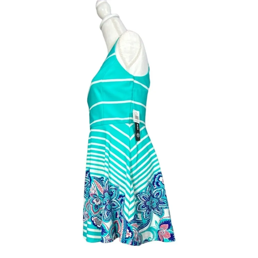 As U Wish Cut Out Skater Dress Mini Flare Stripe Floral White Teal Junior Large - Image 9