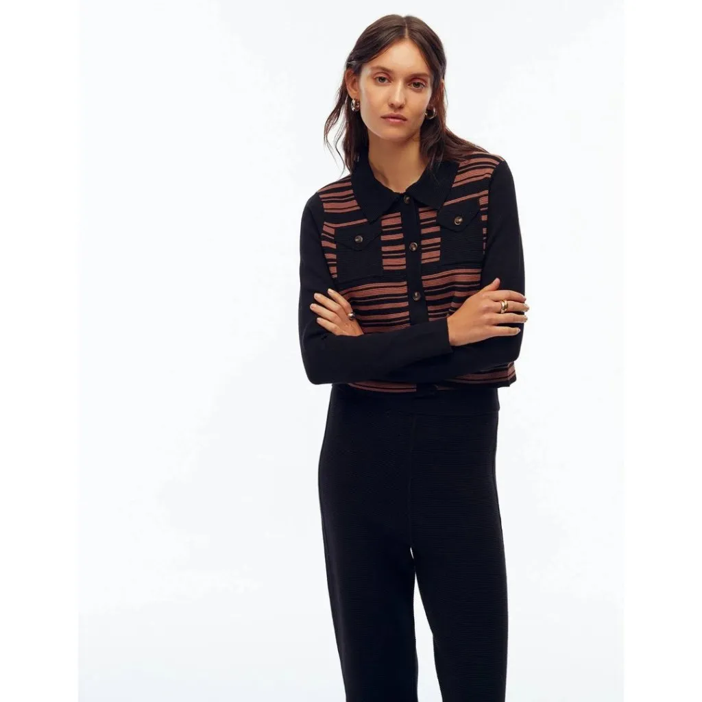 Toccin Addy Striped Collared Cardigan Jet Cedar Medium Saks Designer Knit Black - Image 5