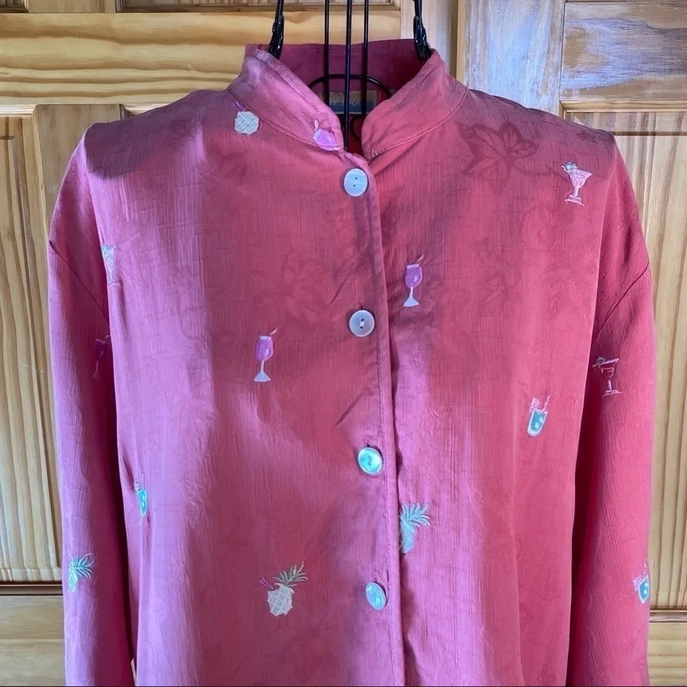 Vintage Bobby Chan Women's Pink Tropical Drink Embroidery Silk Top Size Large - Image 2