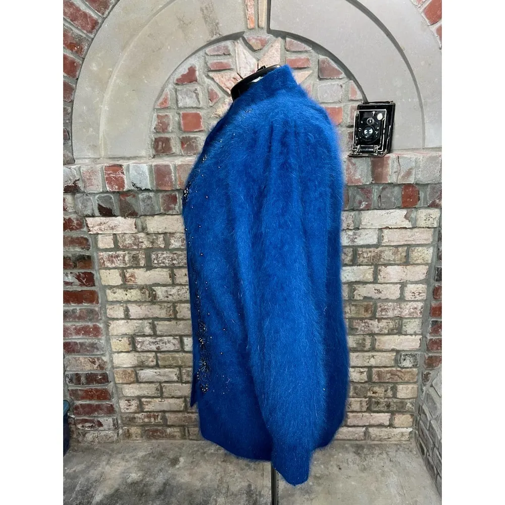 sweater coat fuzzy beaded sequin flower angora blue Size XL - Image 7