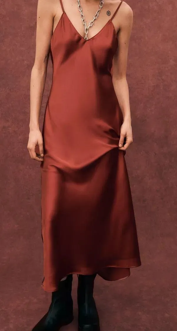 Zara maxi dress cognac rust satin slip midi casual summer  - Image 5