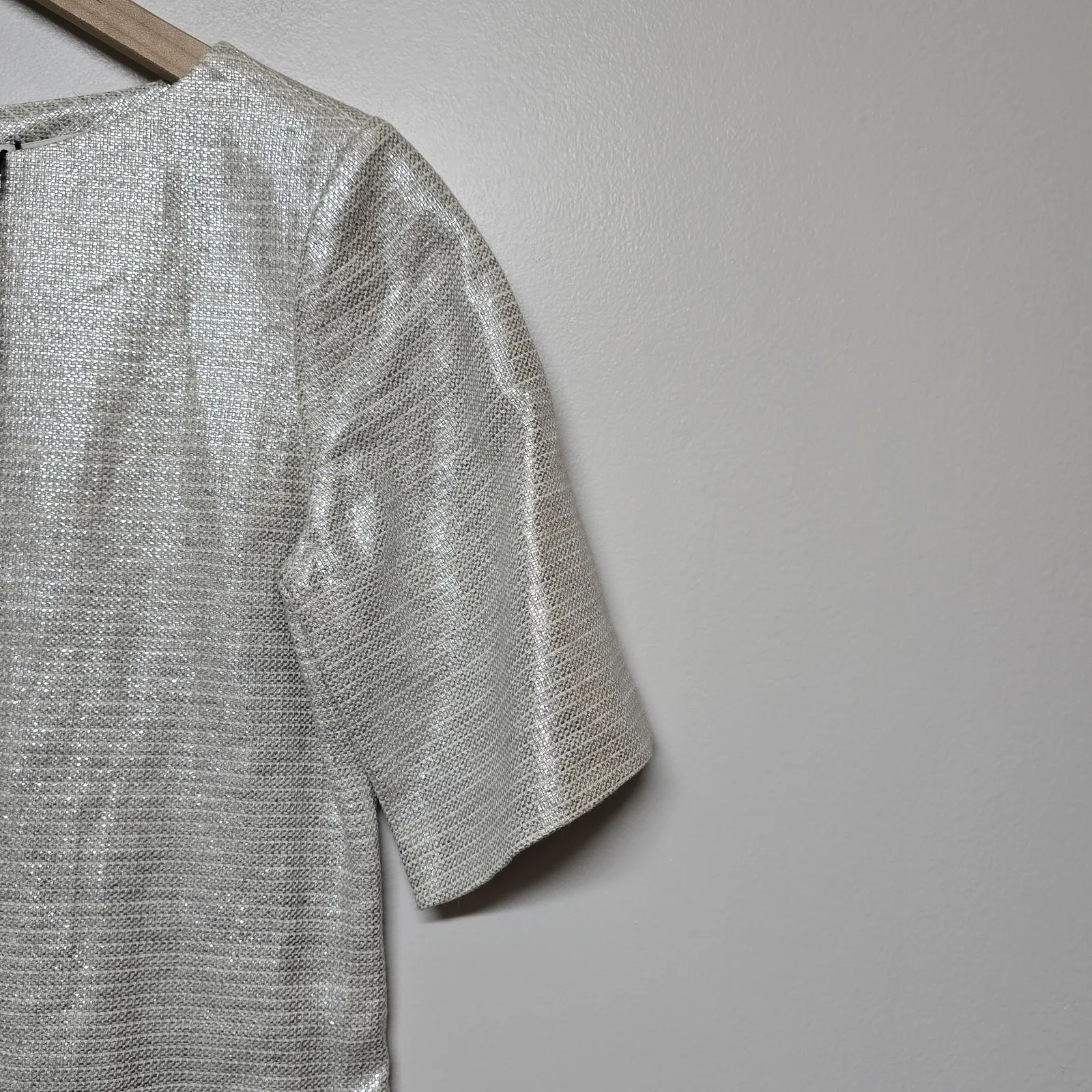 Alice‎ + Olivia Metallic Shift Dress Sz 2 Cream Silver Short Sleeve Zip Back NWT - Image 2