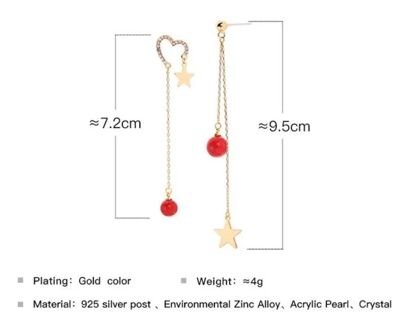 Crystal Heart Star Tassels Stud Drop Dangle Earring Gold - Image 4