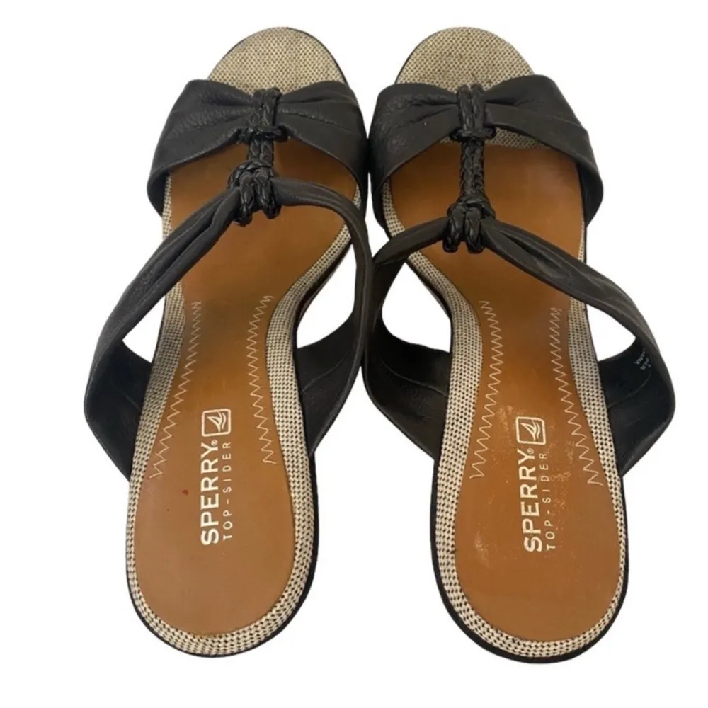 Sperry Top-Sider "Shoreham" Black Leather Straps Slide Wedge Cork Heel Sandals - Image 10