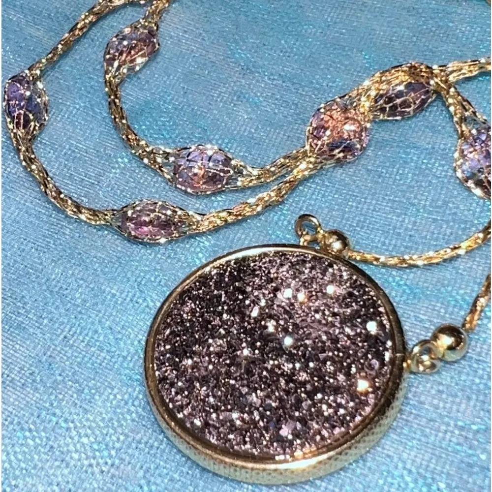 14K Gold Milor Italy Mesh Crystal Druzy Necklace - Image 4