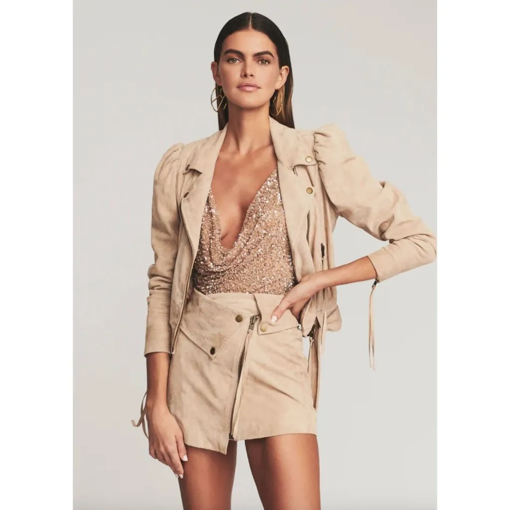 retrofete Tai Suede Moto Jacket Hummus Womens Size Small Tan - Image 14