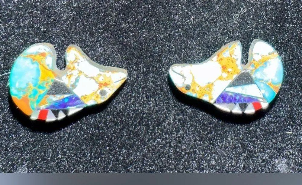 Turquoise and Sterling Silver Inlay Navajo Spirit Bear Earrings Blue - Image 3