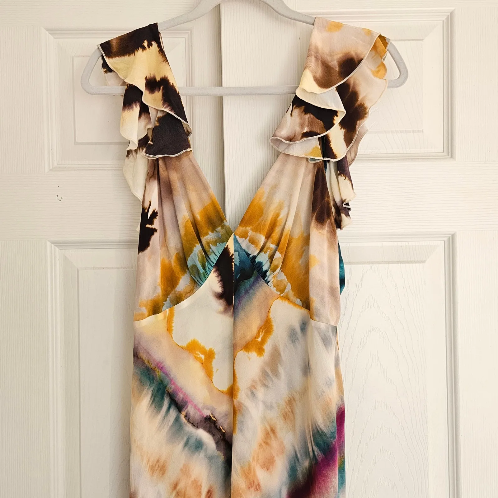 Banana Republic 100% Silk Open Back Maxi Dress in Yellow Tie Dye Size 10 - Image 6