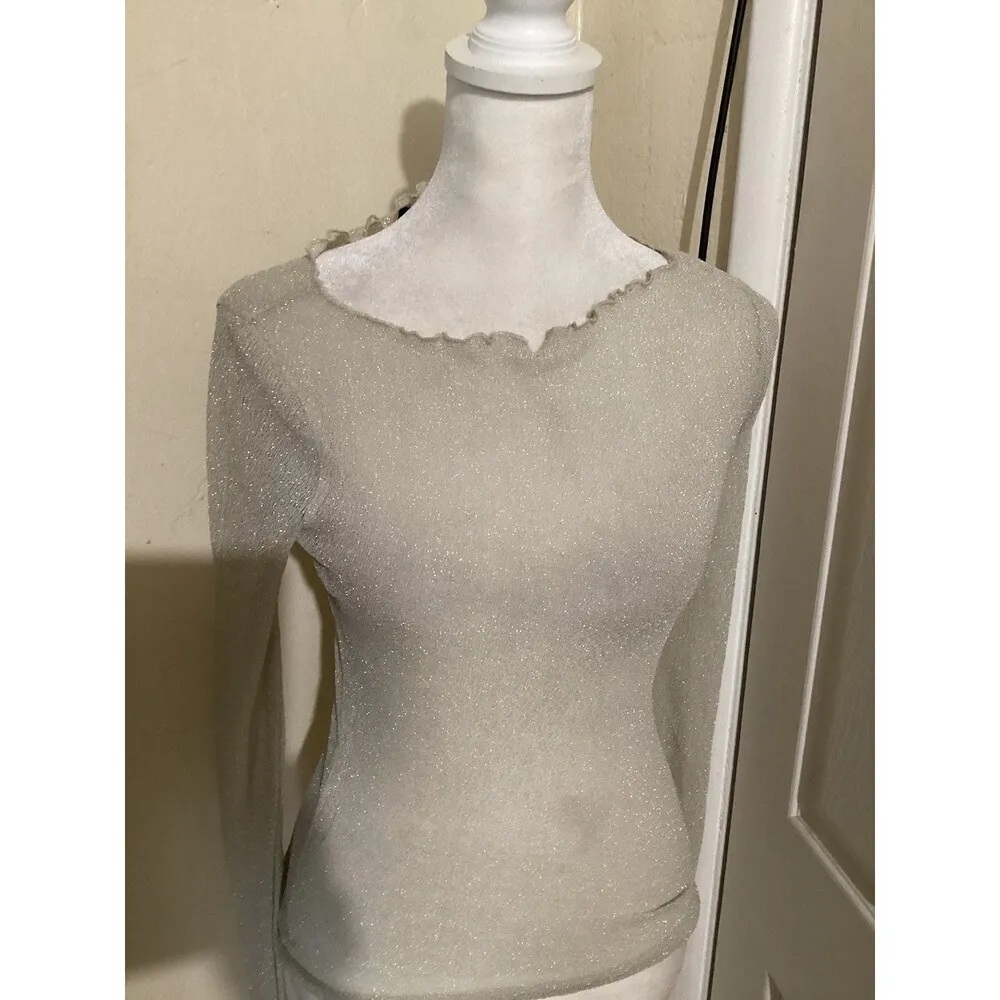 J Crew Collection Flawed Sheer Metallic Boatneck Top Light Silver Lurex Vend XS - Image 3