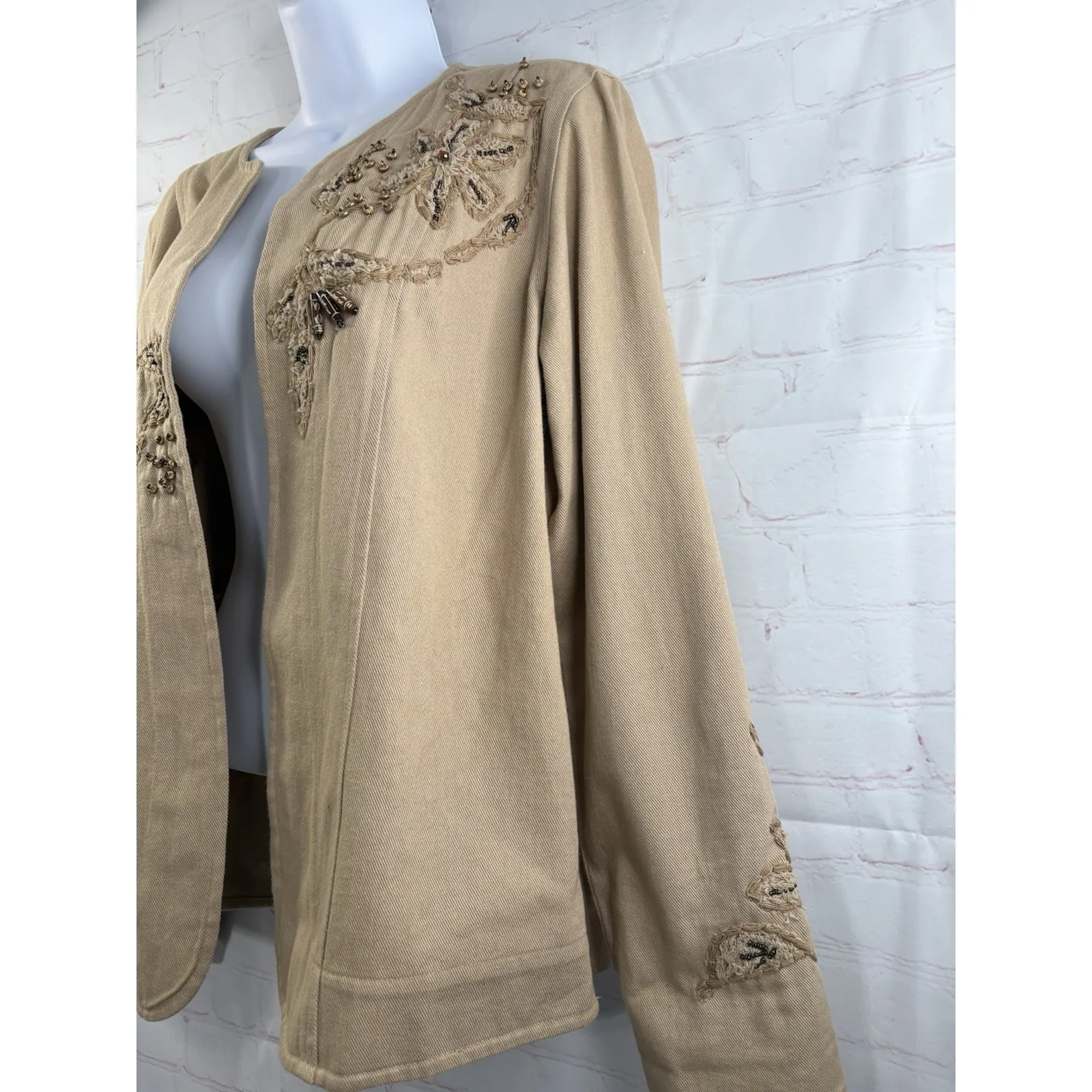 Laura Ashley Jacket Women's Small Beige Cotton. Open Front Beaded Embroidered - Image 3
