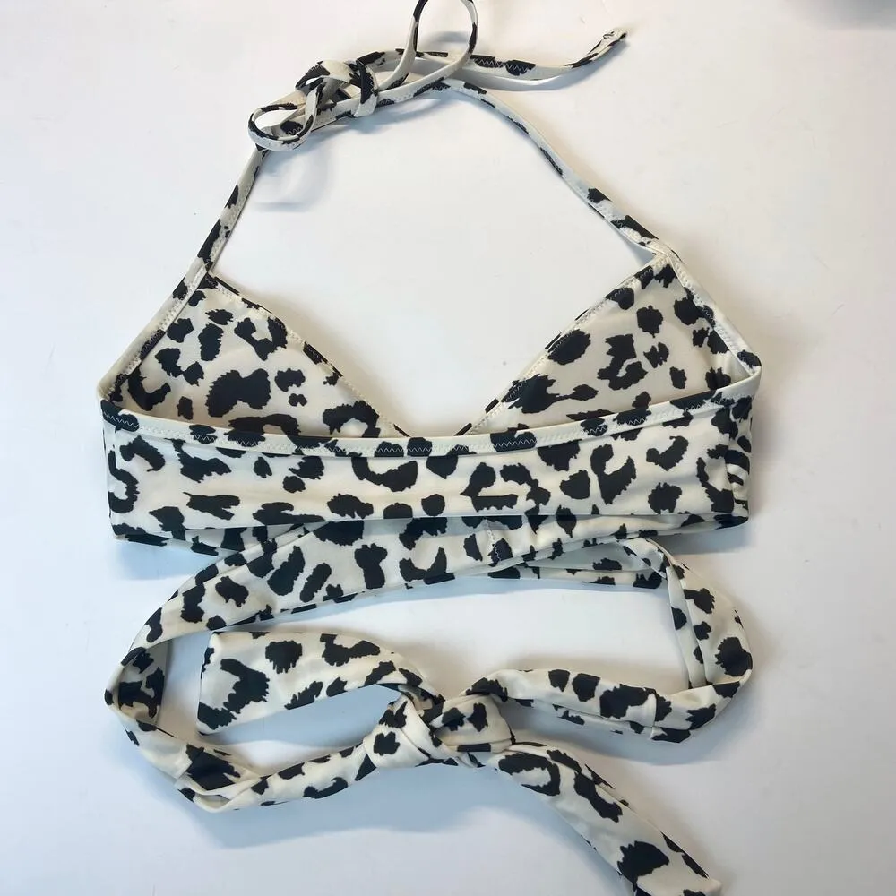 Aerie Leopard Crossover Bikini Top Scoop Black White Print Swim Wrap Tie Size XS - Image 3