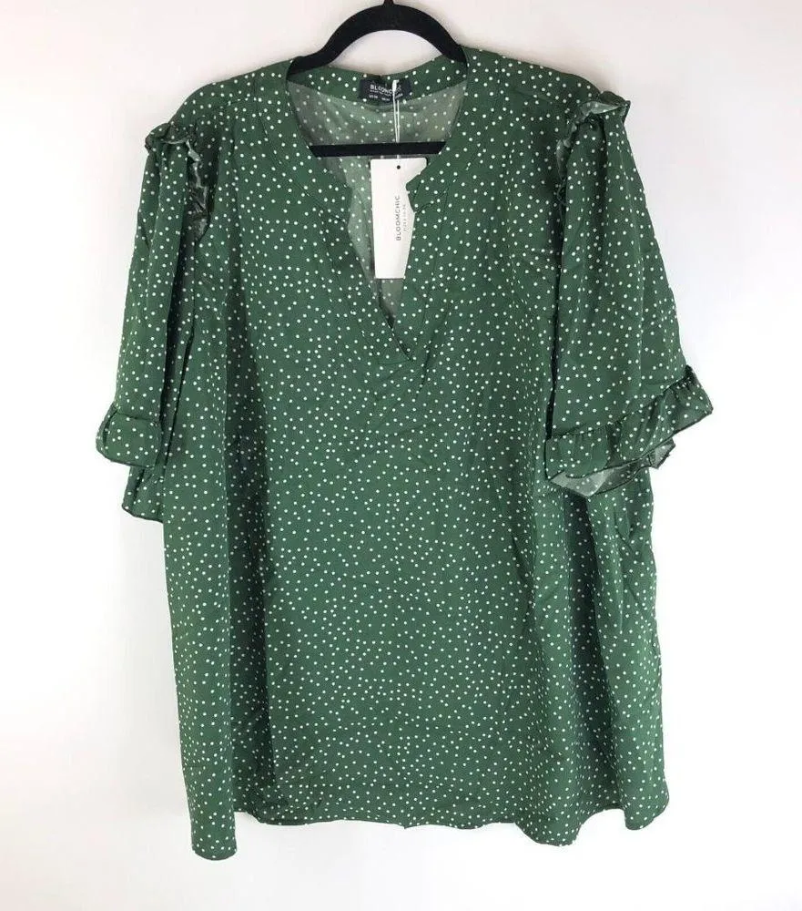 Bloomchic Polka Dot V Neck Ruffle Trim Blouse Short Sleeve Green 26 - Image 3
