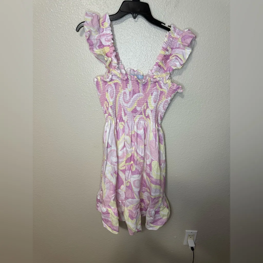 Hill House Home Elizabeth Nap Mini Dress Smocked Ruffle Pink Kaleidoscope Linen Size L - Image 3