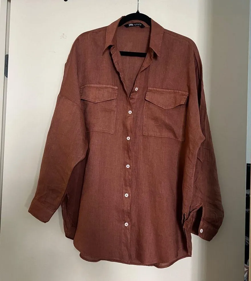 ZARA NWOT  Oversized Linen Shirt in Terracotta Size S - Image 3