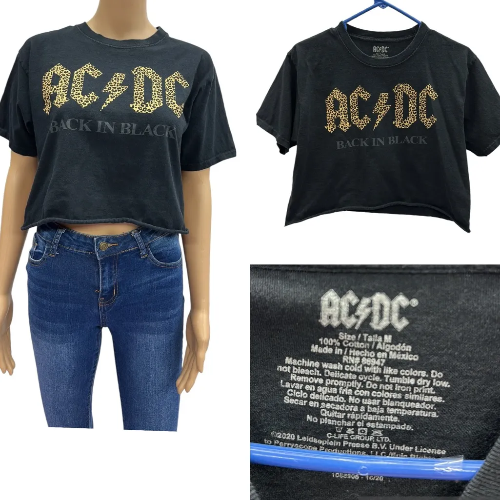 AC/DC Black Cotton Leopard Print Logo Back in Black Raw Hem Crop Graphic Tee M - Image 2