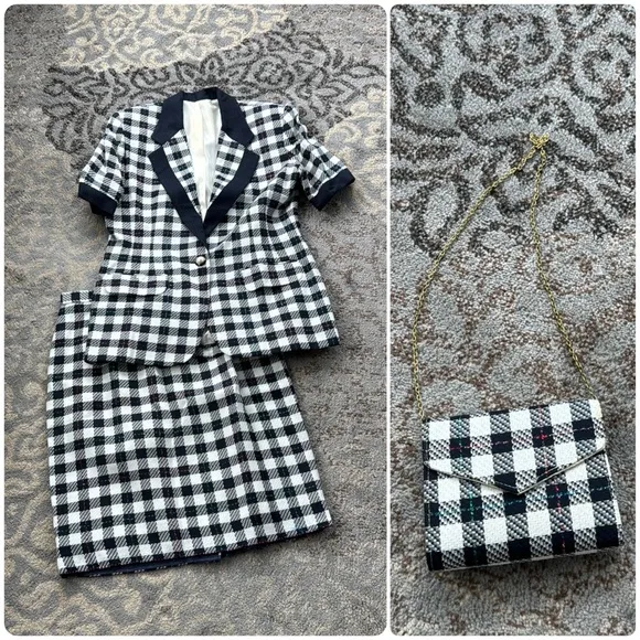 Vintage Rafael Linen Blend Plaid Skirt, Blazer & Purse Set Black White 16 - Image 2