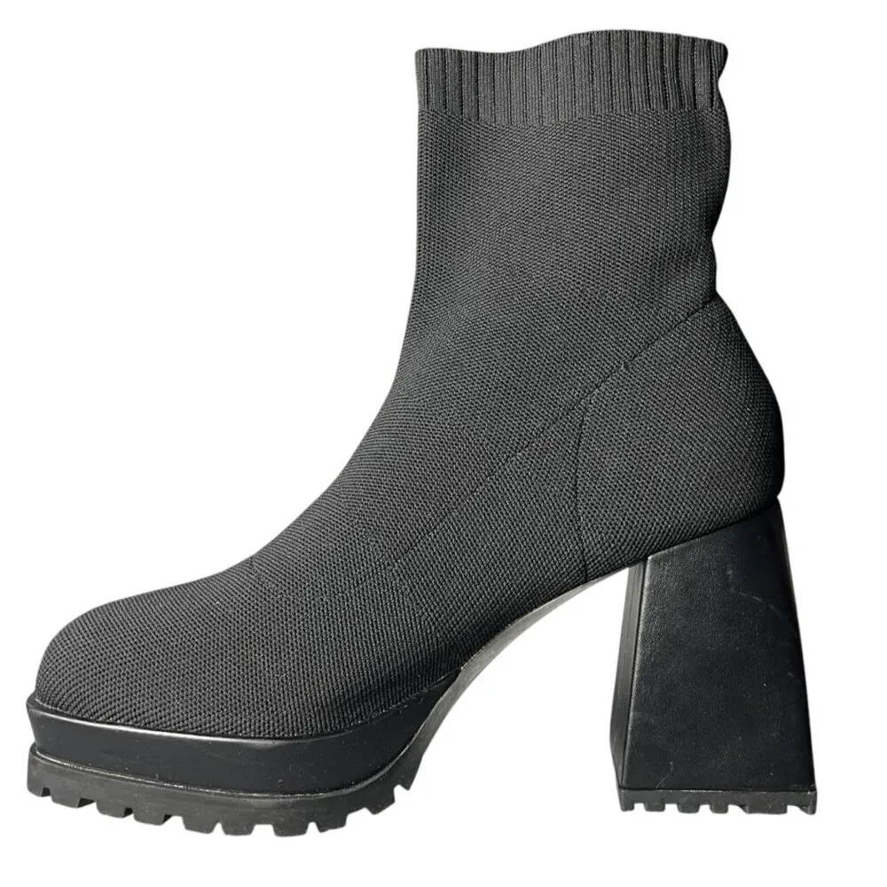 Womens 8.5 Sock Boots Platform Chunky Heel Booties Square Toe Slip On‎ Black - Image 6