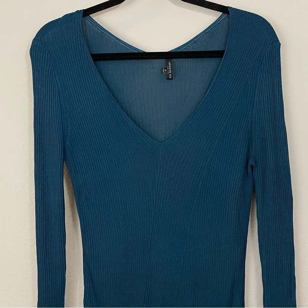 Lafayette 148 New York Scoop Neck Diagonal Rib‎ Long Sleeve Sweater Teal Size M Blue Size M - Image 5