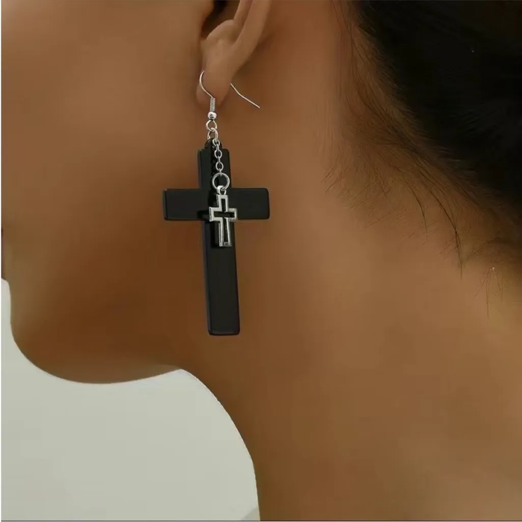 Unique design double layer black cross light weight plastic dangle‎ earrings - Image 7