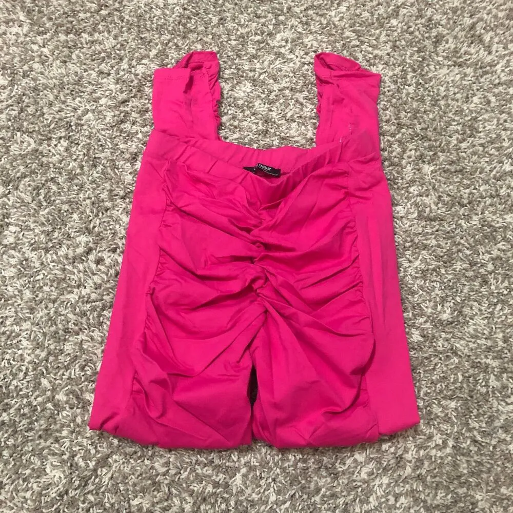 Zara Trafaluc MEDIUM Hot Pink Leggings Pull On Pants Stretch Ruched Front - Image 11