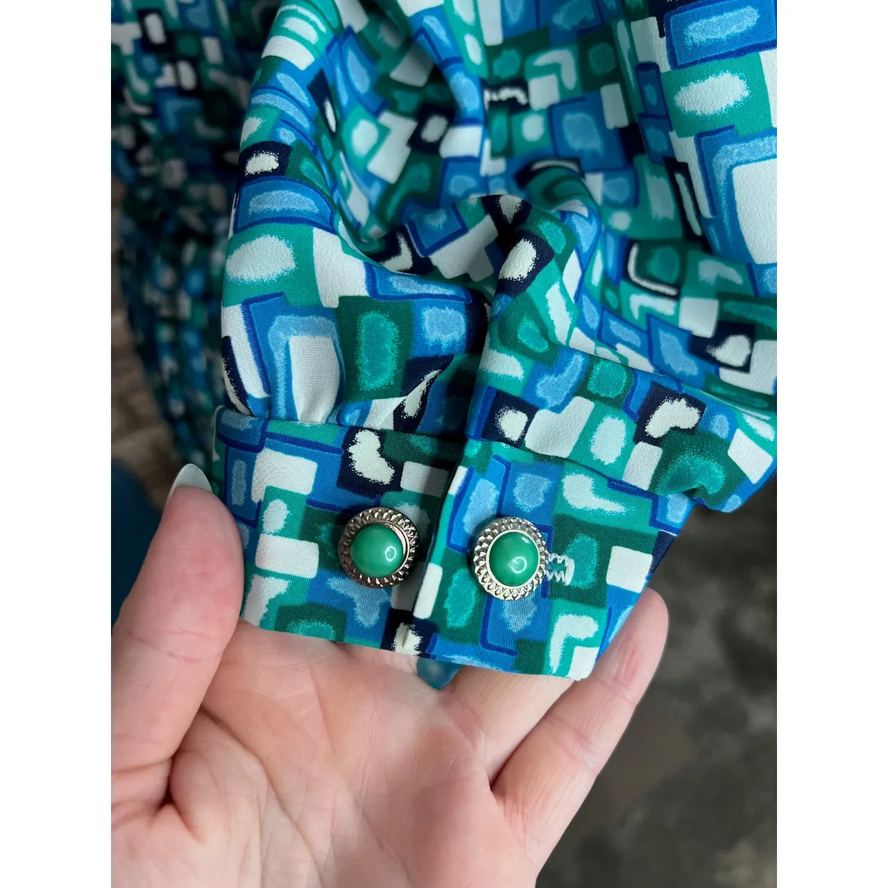 shirt dress geometric matching belt green blue white Size 12 - Image 8