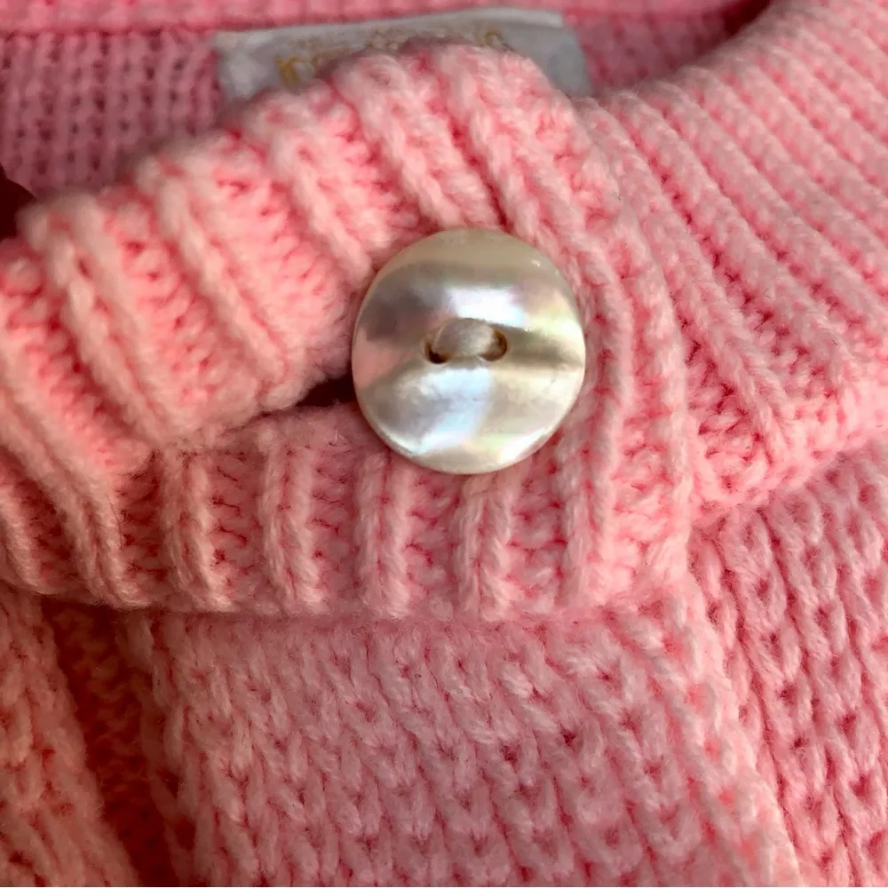 Vintage 60s 70s Sears Sweater Bubblegum Pink Cable Knit Cardigan Pearlescent szL Size L - Image 5