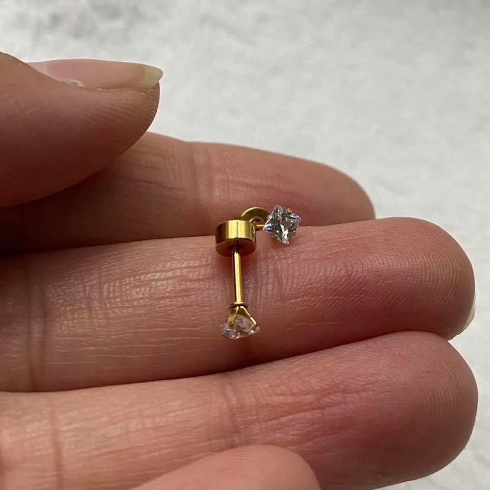 18k Gold plated Square White Crystal Zircon 3mm Stud Earrings - Image 2
