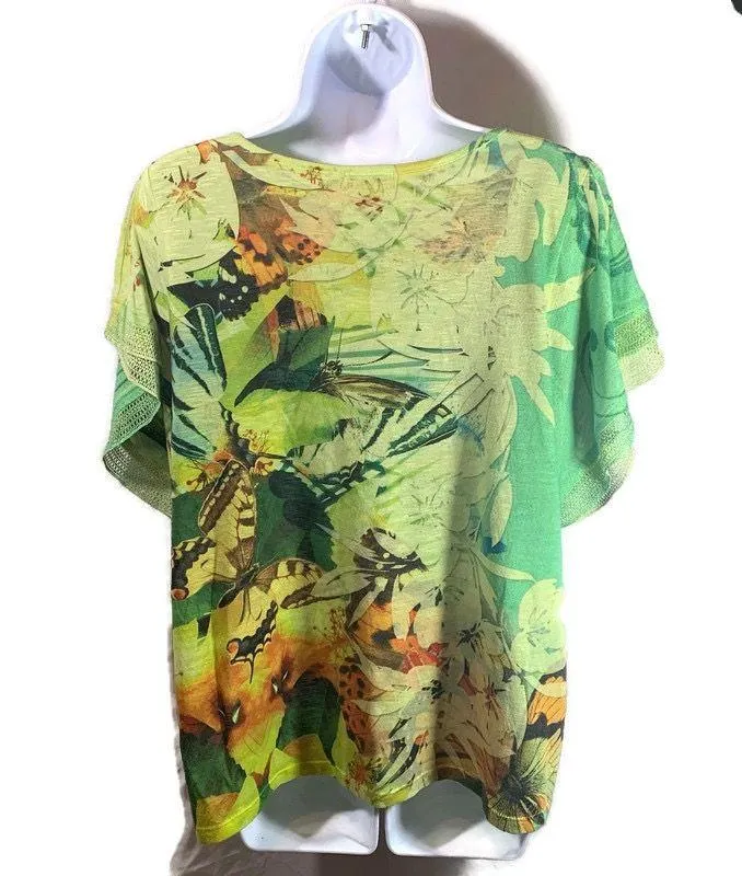 Womens Size 1X Green Floral Butterfly Blouse Sequins Lace - Image 2