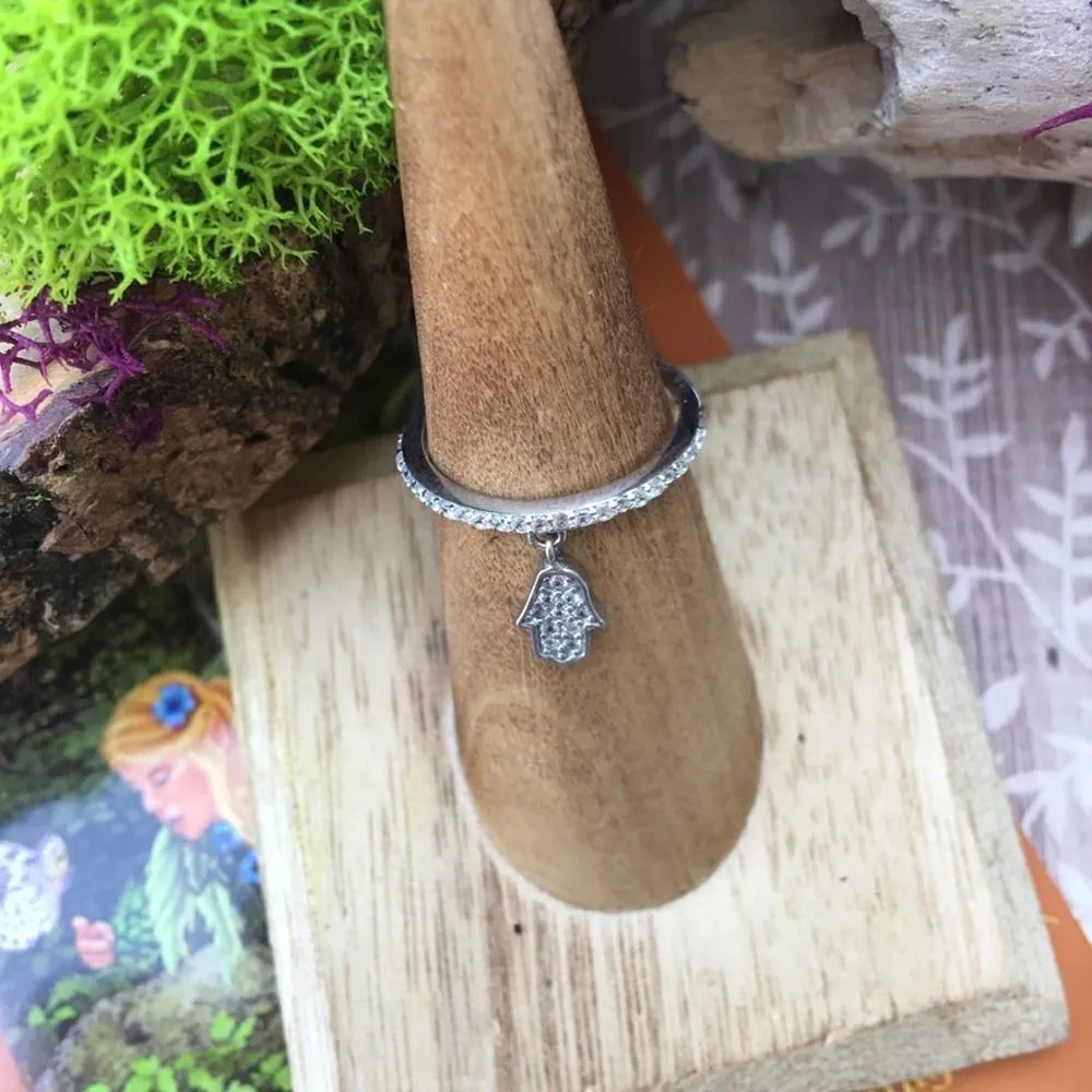 Hamsa Cz Dangle Stelring Silver Ring Sizes 6,9,10 Silver - Image 5