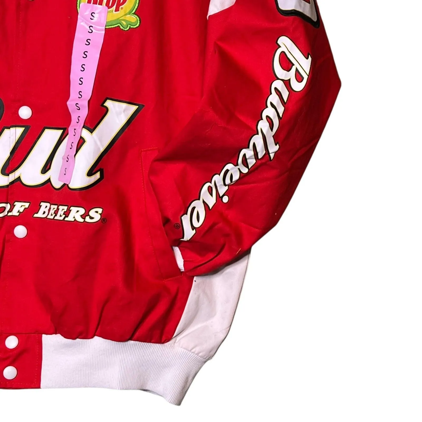 NASCAR Budweiser Jacket Womens Small Red Character Patch Moto Varsity Racing - Image 12
