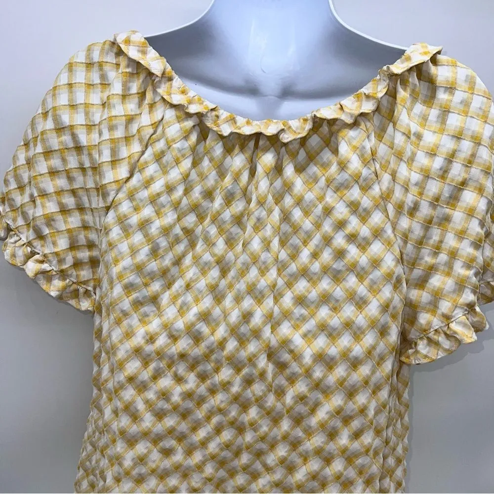 Max Studio Textured Blouse in Yellow/White Diagonal Plaid w/Ruffles & Ties-Sz L - Image 6