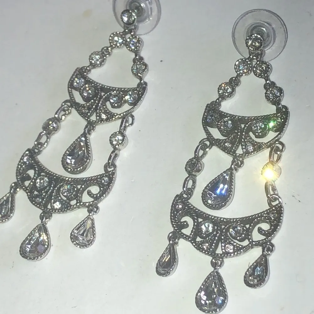 Monet Silver Tone Clear CZ Chandelier Dangling Pierced Earrings - Image 4