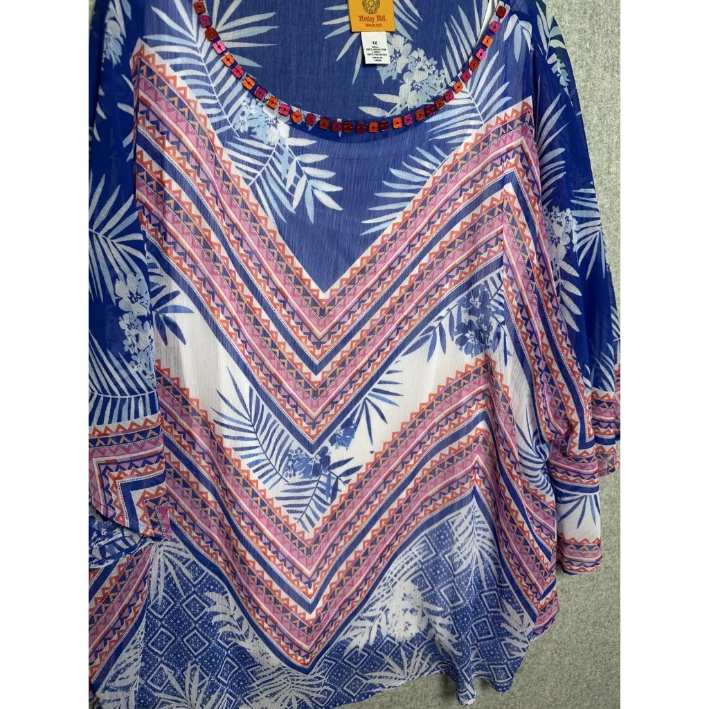Ruby Rd NWT  1X Top Blouse Tropical Beaded Beach Colorful Batwing Lightweight - Image 9