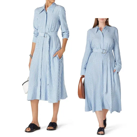 TIBI Summer-Fresh Midi Shirtdress Long Sleeve Gingham Printed Blue Size 4 - Image 2
